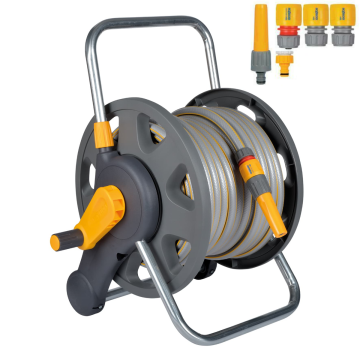 Hozelock 2'n1 Garden Hose Reel Storage System wall mount brackets w/ spray gun - with 50m multi purpose hose - 2477